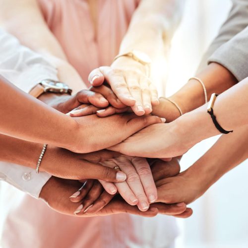 Teamwork, community and support with hands of business people together for collaboration, networkin.